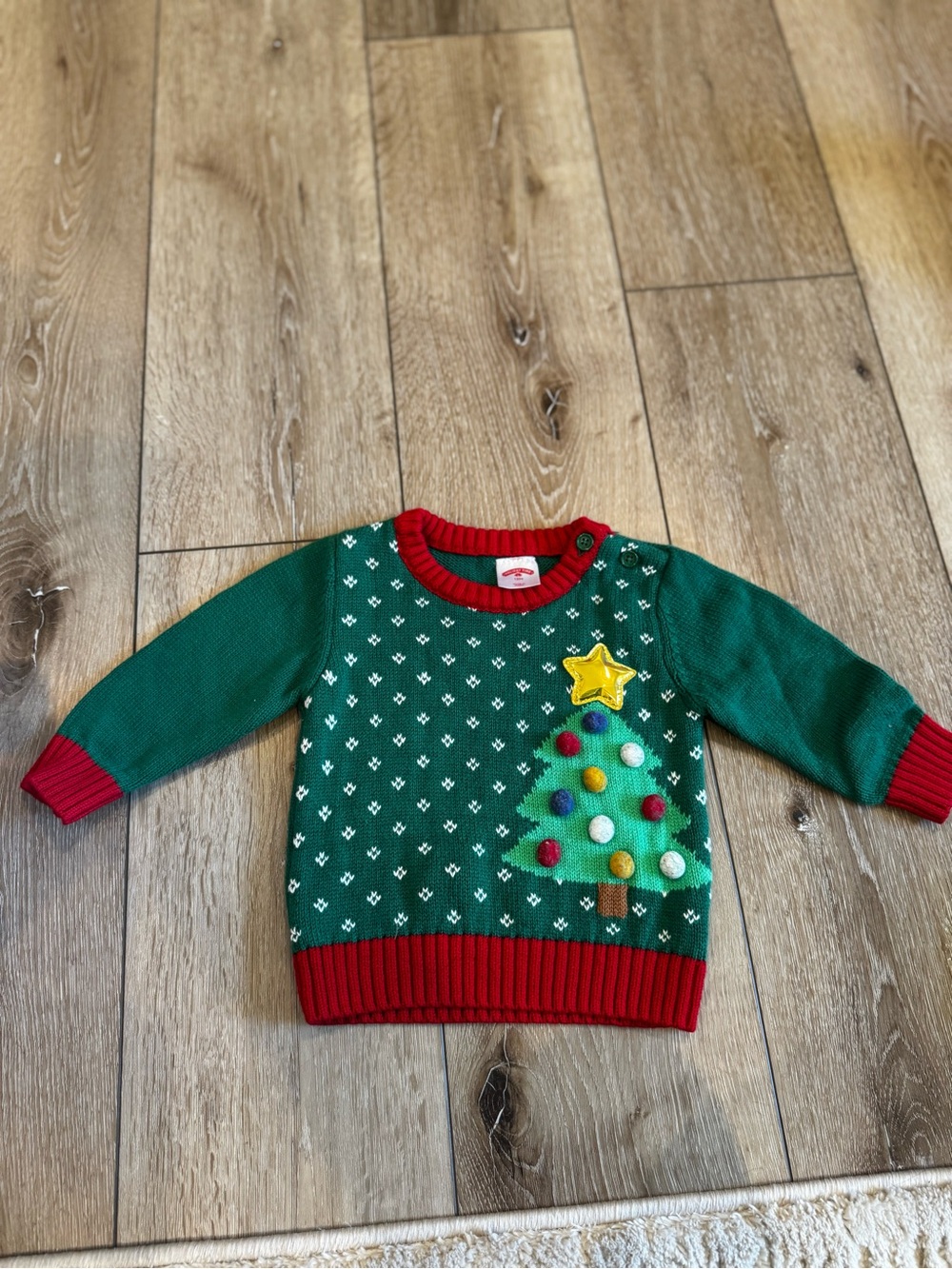 Holiday Time Green Christmas Tree Sweater with Red Trim and Pom-Pom Ornaments